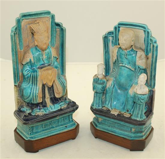 Two Chinese Fahua-decorated figures, Ming dynasty, 19.5cm, wood stands